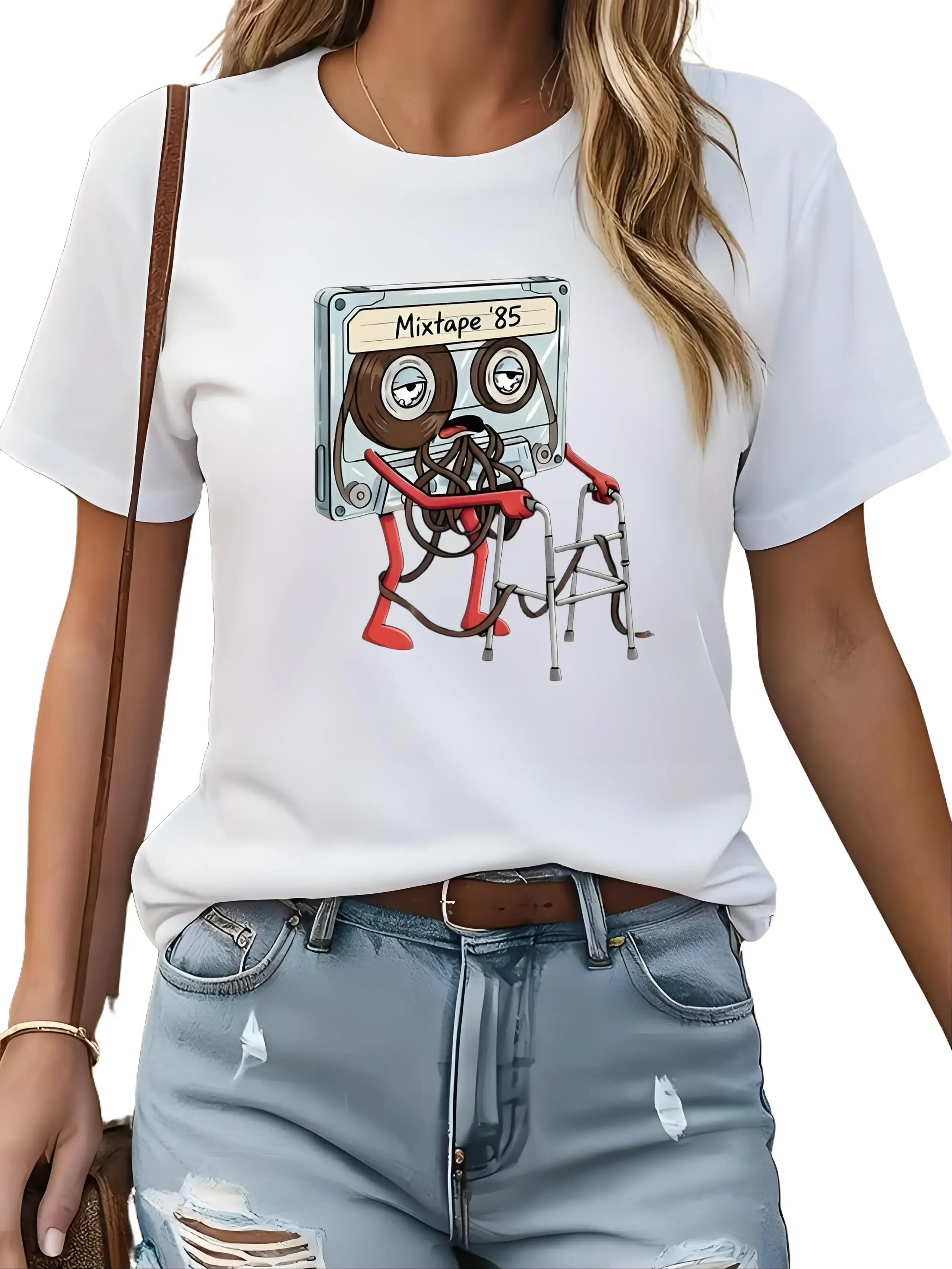 Funny Mixtape '85 Old Cassette Tape Cartoon Character Graphic T-Shirt, Vintage 80s Hip Hop Retro Music Cassette With Walker Print Tee, Aesthetic Unisex Casual Short Sleeve Music Lover Gift Top KT0125