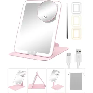 Travel Makeup Mirror with Lights and Magnification 10X, Portable Make Up Compact Tabletop Mirror with Adjustable Stand, 3 Colored Lights Rechargeable Lighted LED Vanity Mirror - Pink