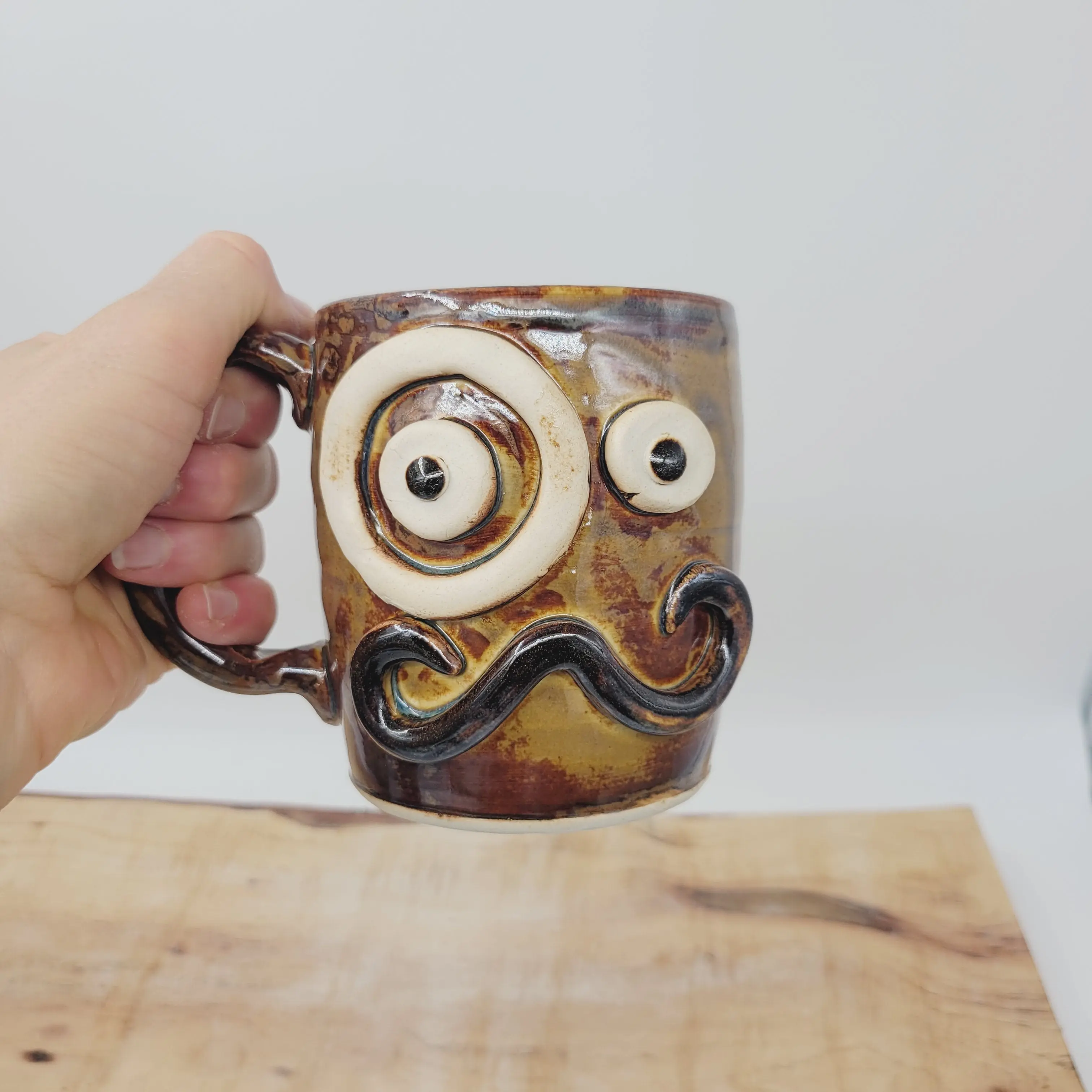 Mans Gag Gift Mug | Monocle and Mustache Coffee Cup | Handmade Stoneware Pottery | Fun Gifts for Husband Guy Boyfriend