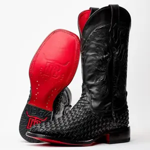 Black Basketweave Boots - Square Toe