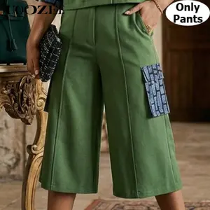UOOZEE Women's Lightweight Green Polyester Wide-Leg Culottes - Elastic Waist, Contrast Print, Pockets, Loose Cropped Bottoms for Smaller Hips (Only Pants, 1 Size Up Recommended) - Bag-Friendly Spring Summer Matching Style for T-Shirt or Camisole