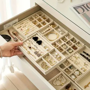 4pcs Velvet Jewelry Organizer Tray Set, Multi-slot Jewelry Display Board for Rings Earrings Bracelets Necklaces Brooches Watches, Stackable Soft Jewelry Storage Trays for Drawer Dresser, Elegant Jewelry Drawer Organizer Insert for Women, Grey Pink