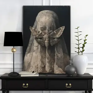 This framed Gothic-style canvas painting features a woman with a veil and a moth, showcasing a gloomy, dark, romantic aestheticThis is a poster inspired by the occult, perfect for decorating a witch-themed bedroom, especially for Halloween Dark Art Print
