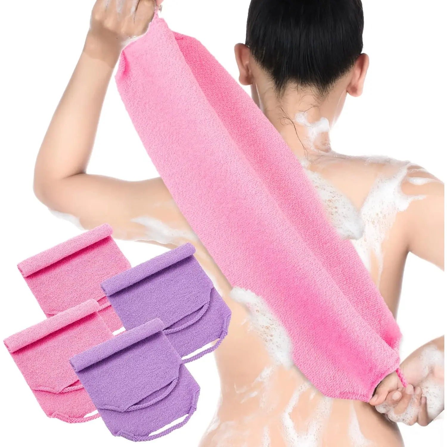 4Pcs Lightweight Nylon Shower Body Scrubber Cloth with Handles - 19.69in Length, Stretch Strap, Exfoliating Mesh, Gentle Back Massage - Bathroom Soap Accessories for Home Improvement (Pink, Purple)