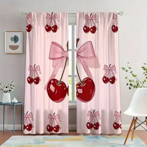 2pc Sweet Cool Cherry Bow Curtains, Girl Heart Transparent Drapes, Lightweight Breathable Easy Care, Bedroom Makeup Room Living Room Decor