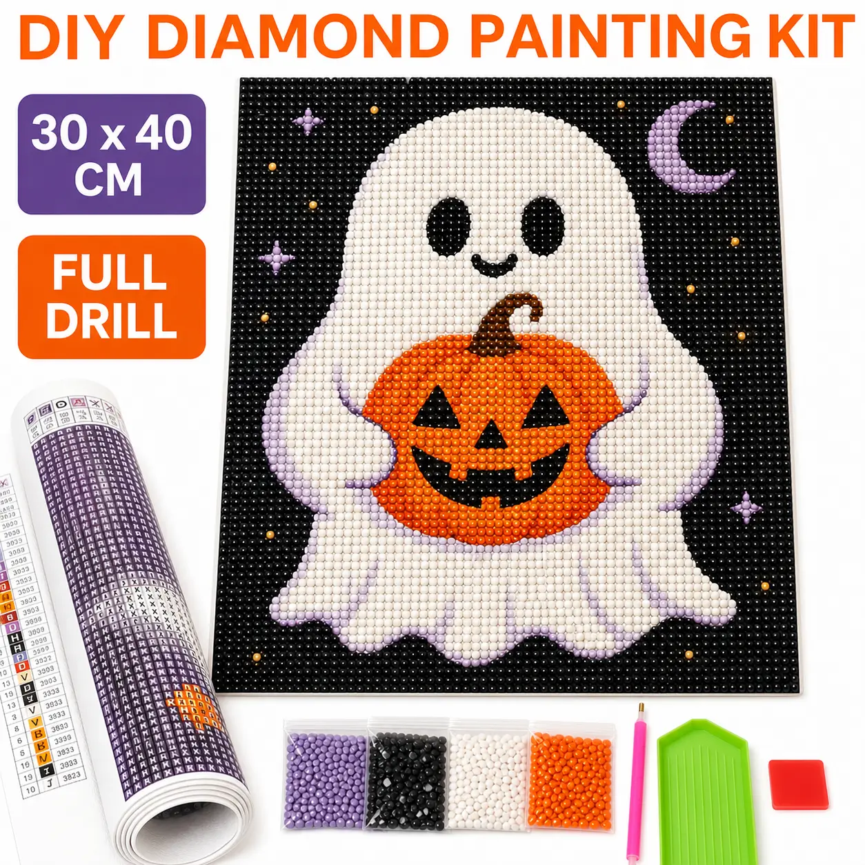 DIY Halloween Crafting Kit - Smiling Ghost with Pumpkin Full Drill Diamond Art, Unframed 30x40cm Canvas for All Levels, Art Supplies for Ghost Enthusiasts