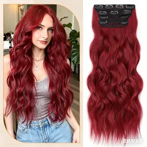 Clip in Long Wavy Synthetic Hair Extension 20 Inch Burgundy 4PCS Thick Hairpieces Fiber Double Weft Hair for Women 6.7 oz