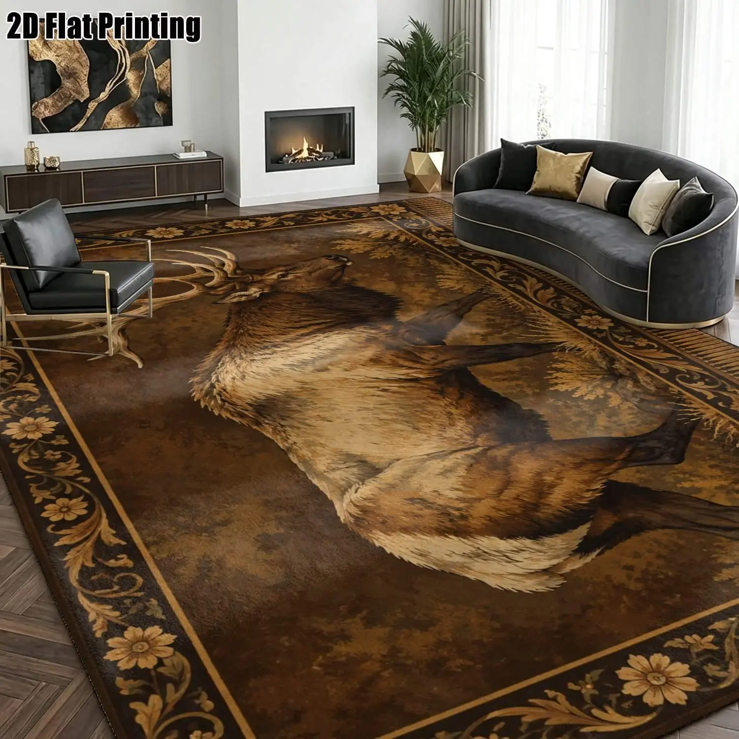 Large indoor area rug, soft velvet low pile with non-slip dotted backing, machine washable vintage stag elk wildlife pattern rug for living room, bedroom, rustic cabin decor with warm brown floral border