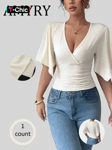 Elegant Feminine V-Neck Ruched Short Sleeve Top Shirt, Summer Fashionable Loose Fit Blouse, Stylish Women's Casual Wear, Cross-Border Export New Arrival, Casual Shirts, Casual Classy Top
