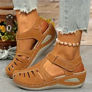 Ladies Leisure Wedge Sandals | White Synthetic Cover | Middle Heel With Round Head Hollowed Out Design | Breathable And Comfortable | Wear All Season | Easy To Buckle And Close | Durable PU Sole | Fashion Versatile Shoes And Lace-up Sandals