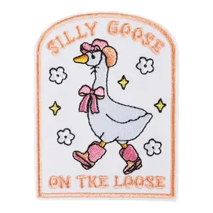 Cute Goose Embroidered Patch, Back Adhesive Iron-On, Suitable for Clothes Jackets Hats Accessories, Silly Goose on the Loose Design, Hand Embroidered