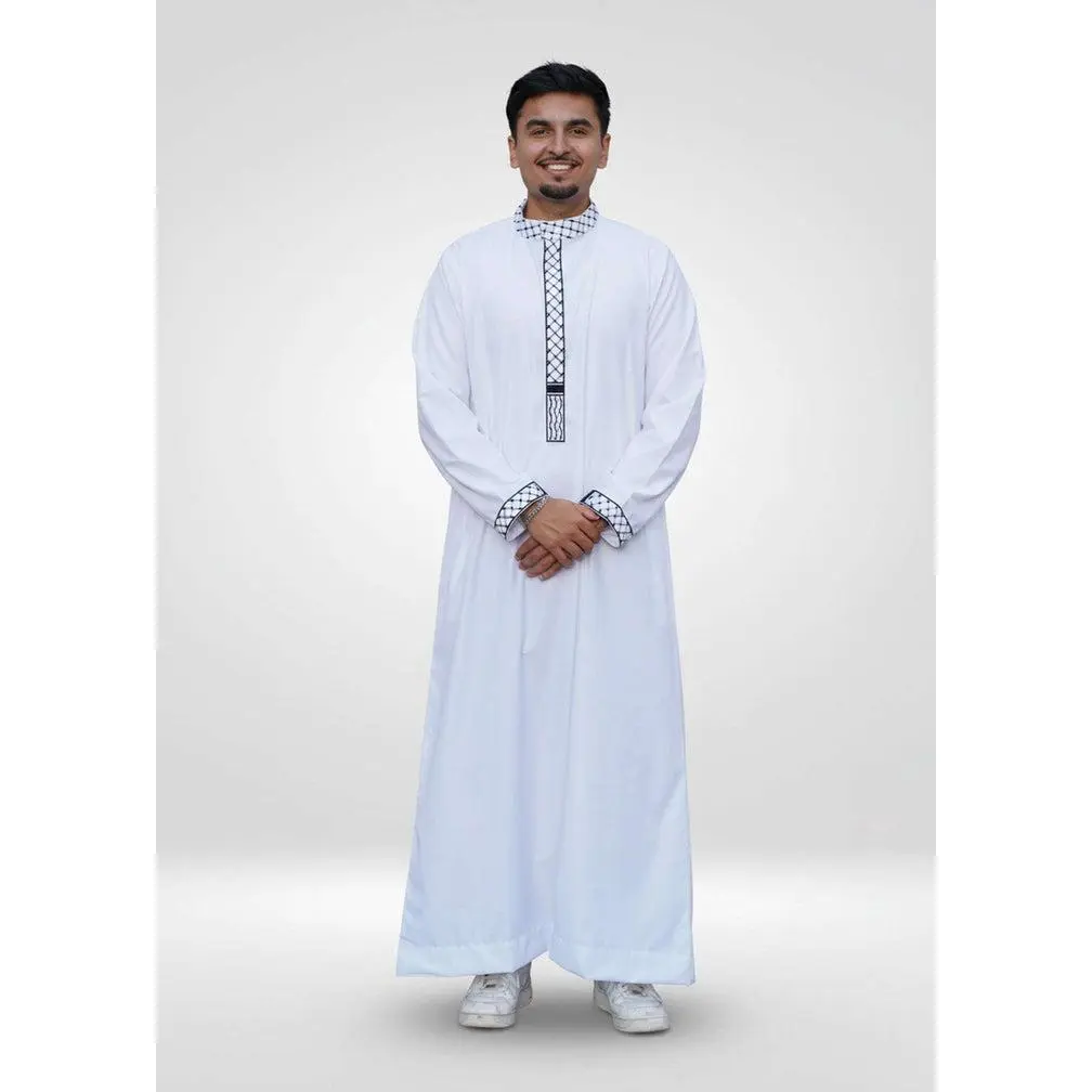 Men's White Islamic Embroidered Thobe with Palestine-Themed Kufiya Detailing - Modest Fashion Robe