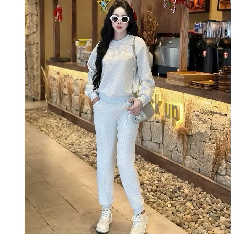 Women’s Knitwear Set – Machine Knit Sweater & Jogger Pants | Gray Free Size up to 65KG