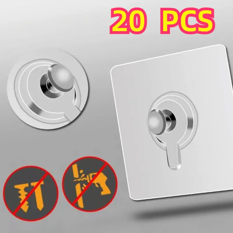 20-Pack Strong Adhesive Wall Mount Hooks & Rails - Transparent Plastic, Stainless Steel Screws, 13-15lb Capacity, Damage-Free No-Drill Installation (Do Not Harm Surfaces), Adhesive Mount Wall Hanging Fastener Stickers for Bathroom Picture Hanging, Damage-