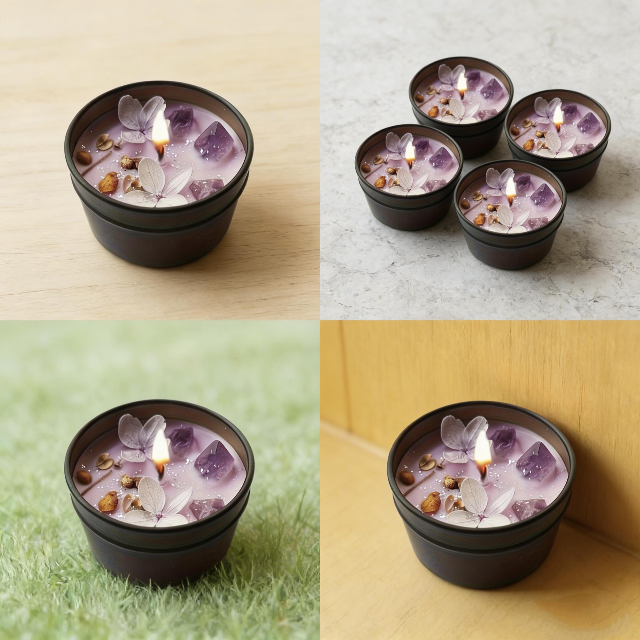 4-piece set of purple amethyst lavender soy wax scented candles with crystal petals embedded, aesthetic fragrance in iron tin candles, home decor for relaxation and gifting, creative/candle making - mold materials