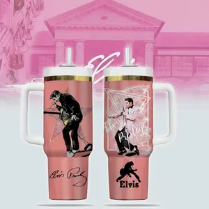 Elvis Tumbler Music Fan Gift, 40oz Pink Insulated Cup with Handle and Straw,  Fan Gift for Mom, Birthday Gift