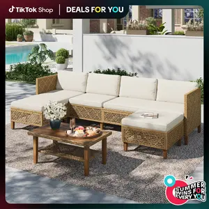 【1/2 Packages Shipping】PHI VILLA Outdoor Wicker Patio Conversation Furniture Set with Acacia Wood Coffee Table Includes Patio Table and Storage Sofa Lounge Classic Durable Rattan Style,DealsForYouDays