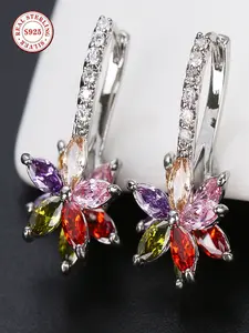S925 Sterling Silver Women's Hoop Earrings, Colorful Crystal Flower Diamond Inlaid Drop Earrings, Multi-Color Gemstone Circle Earrings, Fashionable Light Luxury Gift Earrings, Stylish Jewelry Gifts for Birthdays and Anniversaries