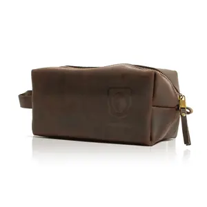Handmade Luxury Leather Dopp Bag - Plain Design, Brown Color, Zipper Closure, Premium Leather Material