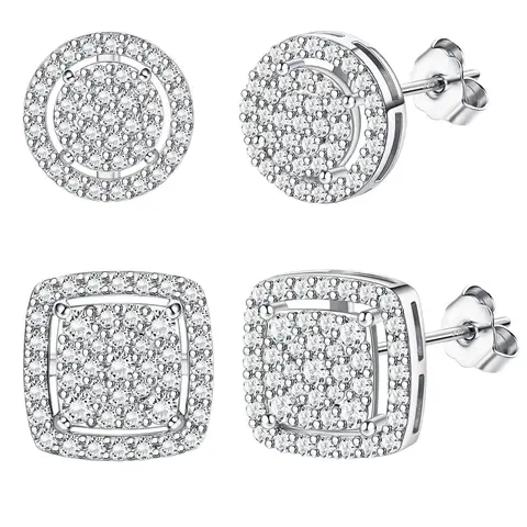 Men's & Women's 14K Gold-Tone/Silver Metallic Block-Shaped Iced Out Square Stud Earrings Set, Earrings for Women for Everyday Wear, Metallic Stud Earrings