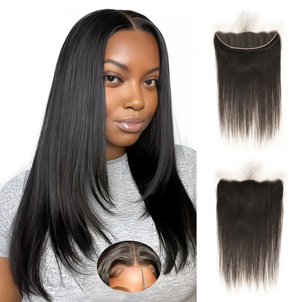 13×4 Glueless Lace Front Closure, 12A Brazilian Virgin Straight Natural Black Hair, Pre-Plucked Free Part, Invisible 100% Real Hair, 14-22 In, Suitable for Wedding & Casual Use