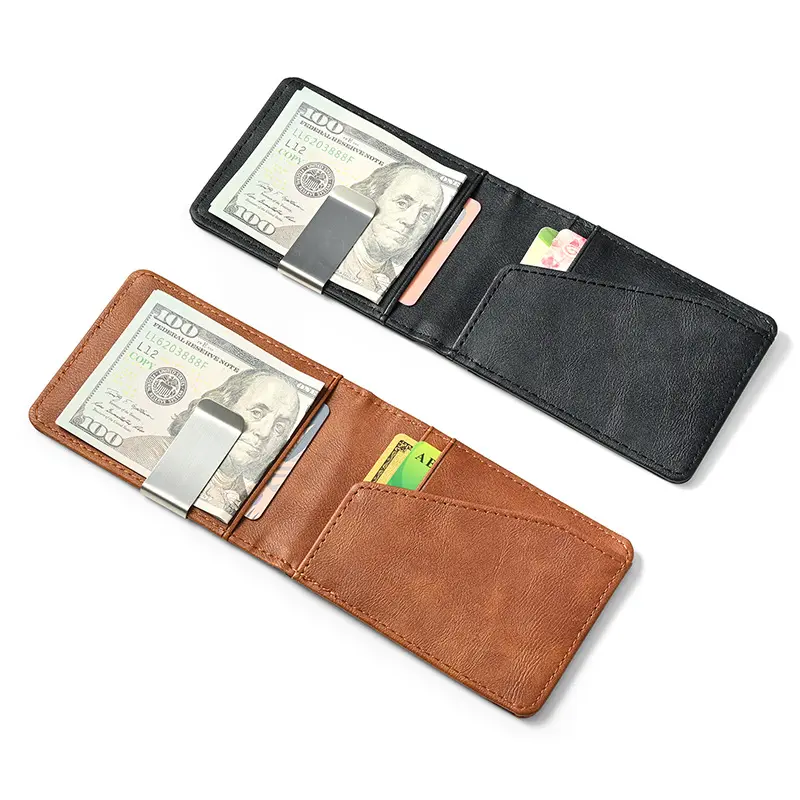 Men's Crazy Horse Texture Short Wallet with Stainless Steel Money Clip - Beads, Animal & Bow Accents, Credit Card & ID Card Holder, Daily Fashion Accessory