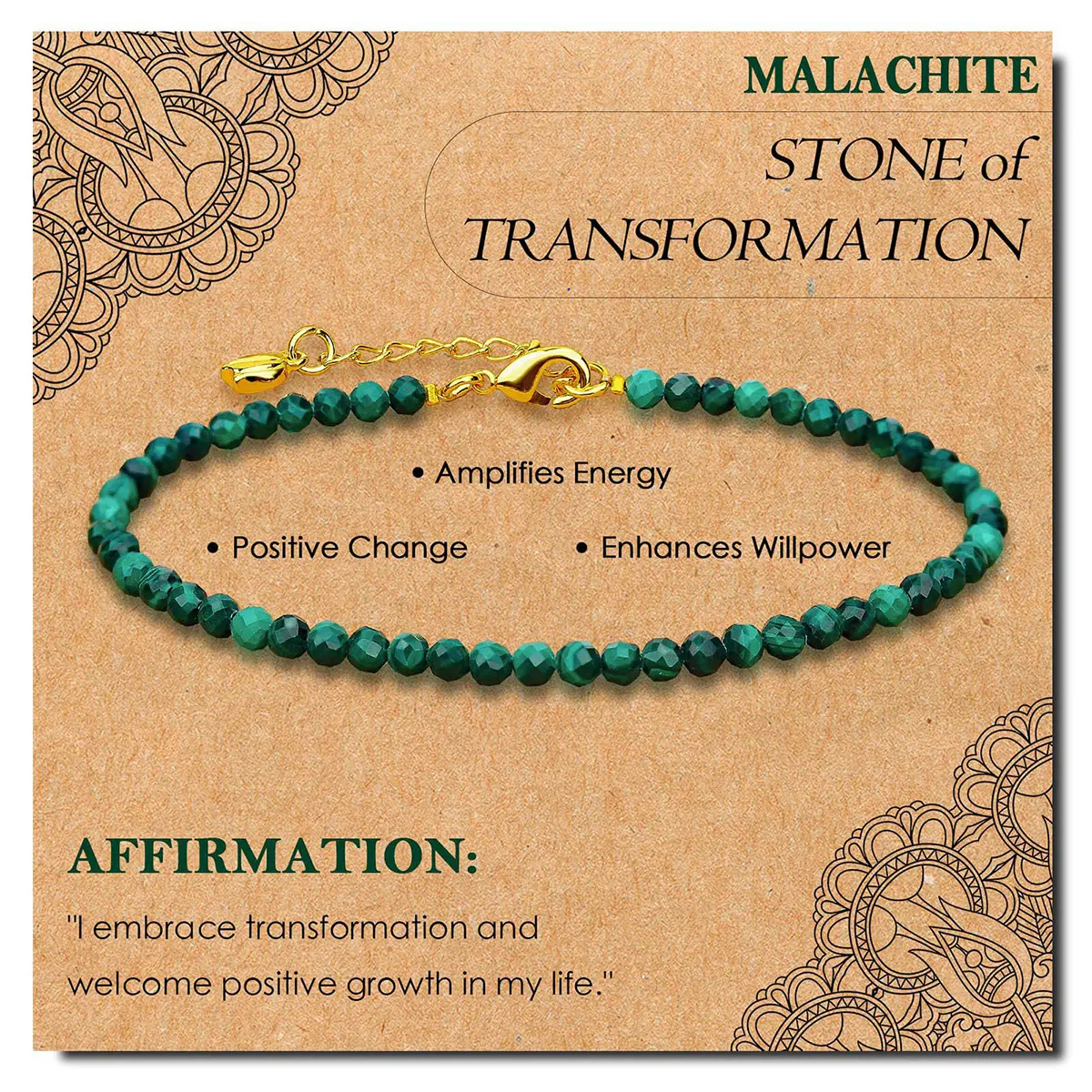Natural Malachite Bracelet - Handmade Adjustable Healing Bracelet - 3mm Faceted Gemstone Beaded Bracelet for Meditation and Chakras