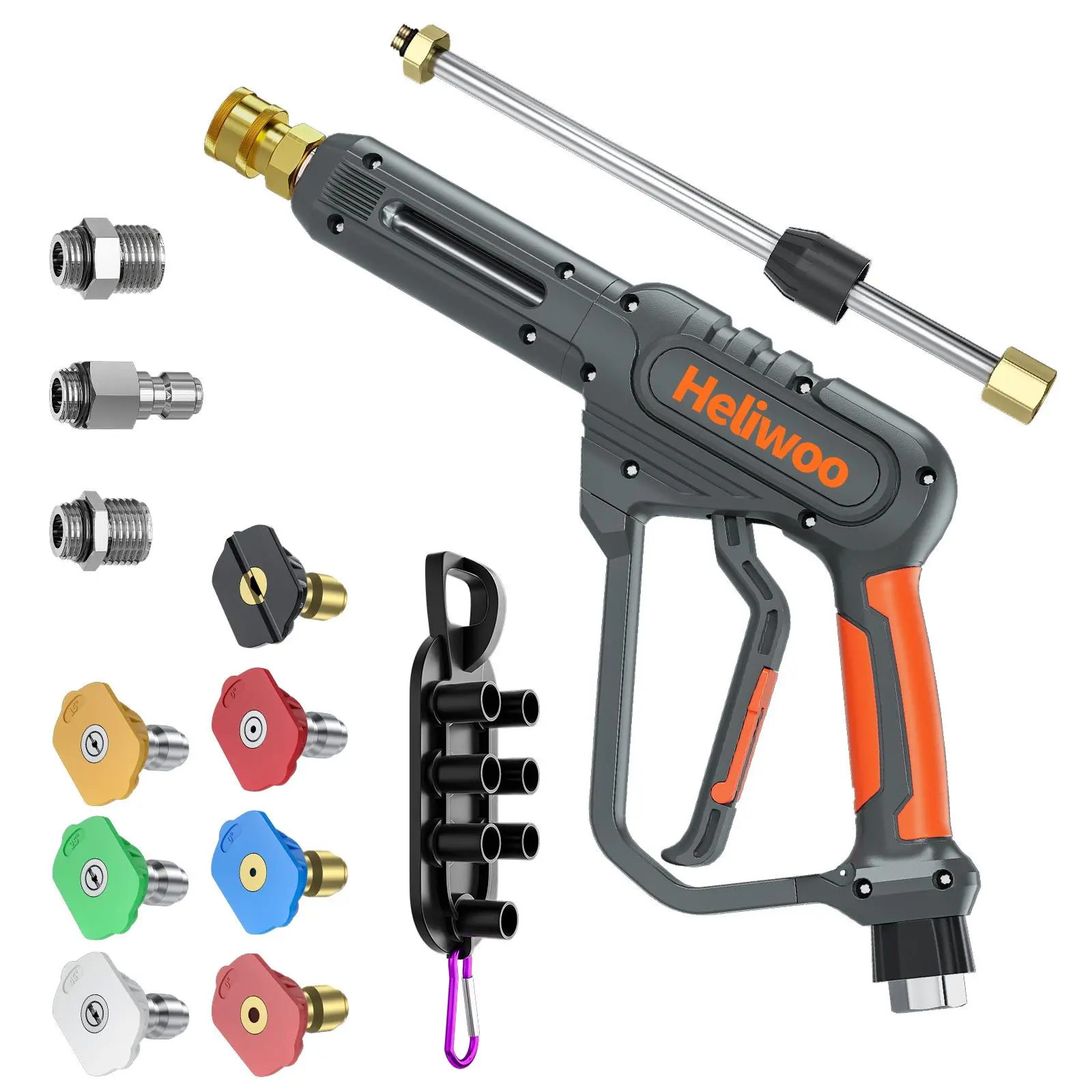 Heliwoo Industrial Pressure Washer Gun - 3600PSI High Pressure Tool, M22 14mm&15mm Fittings, 3/8" Swivel Thread, 7 Nozzles, Swivel Ends, Replacement Wand - For Car Cleaning, Industrial Applications