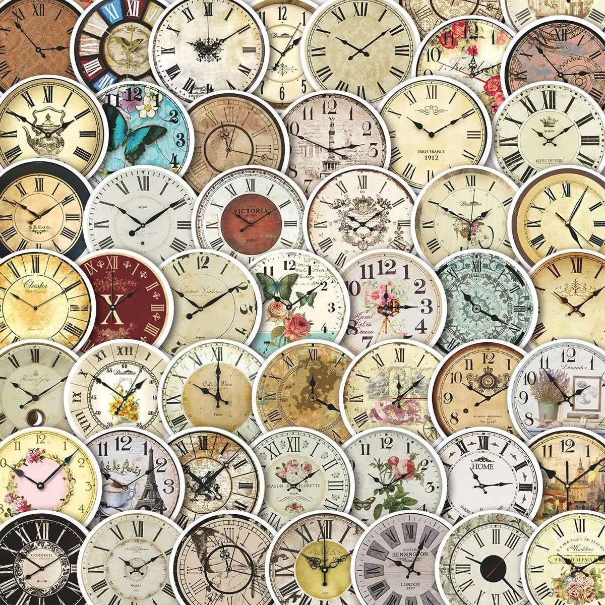 50Pcs Vintage Clock Stickers Pack, Waterproof Shabby Chic Antique Clock & Floral Time Vinyl Decals for Journal, Scrapbook, Laptop & Gift Decor, Nostalgic Lover Gift