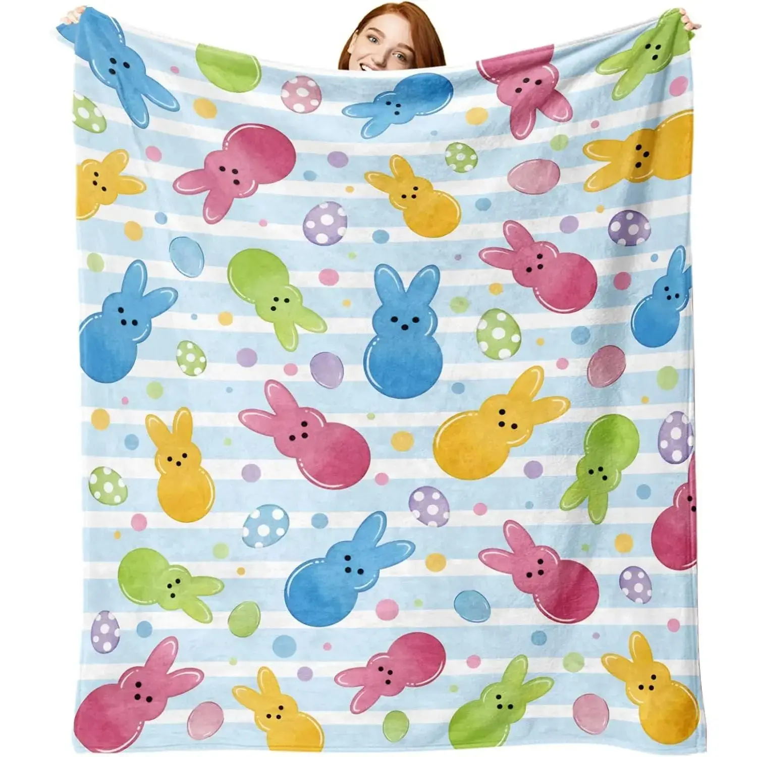 Soft Flannel Peeps Bunny Throw Blanket - Colorful Polka Dot Design with Easter Bunny Ears, Cute Rabbit, Thickened Flannel, Colorful Fuzzy Blanket, Multi-Size Kids Easter Gift for Bedding, Sofa, Thickened Flannel Blank