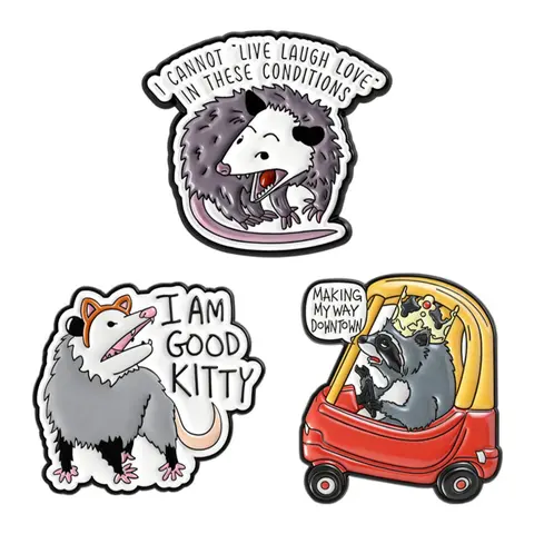 3Pcs Funny Animal Opossum Raccoon Enamel Pins Set, I Am Good Kitty Design, Unisex Fashion Jewelry, Perfect Gift for Friends, Daily Wear Accessories, Love, Fashion Accessory