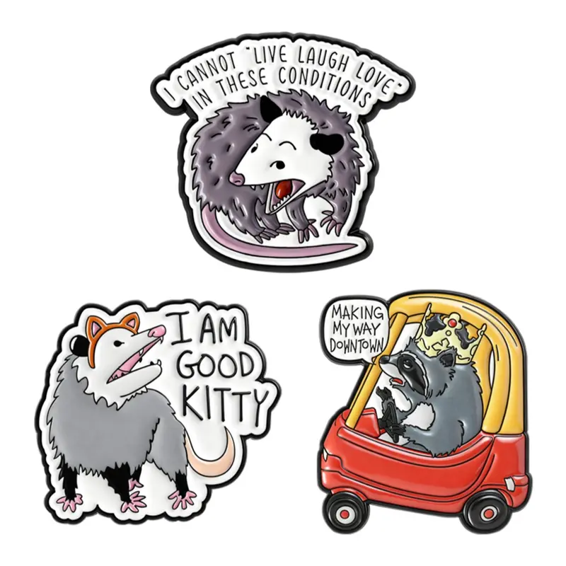 3Pcs Funny Animal Opossum Raccoon Enamel Pins Set, I Am Good Kitty Design, Unisex Fashion Jewelry, Perfect Gift for Friends, Daily Wear Accessories, Love, Fashion Accessory