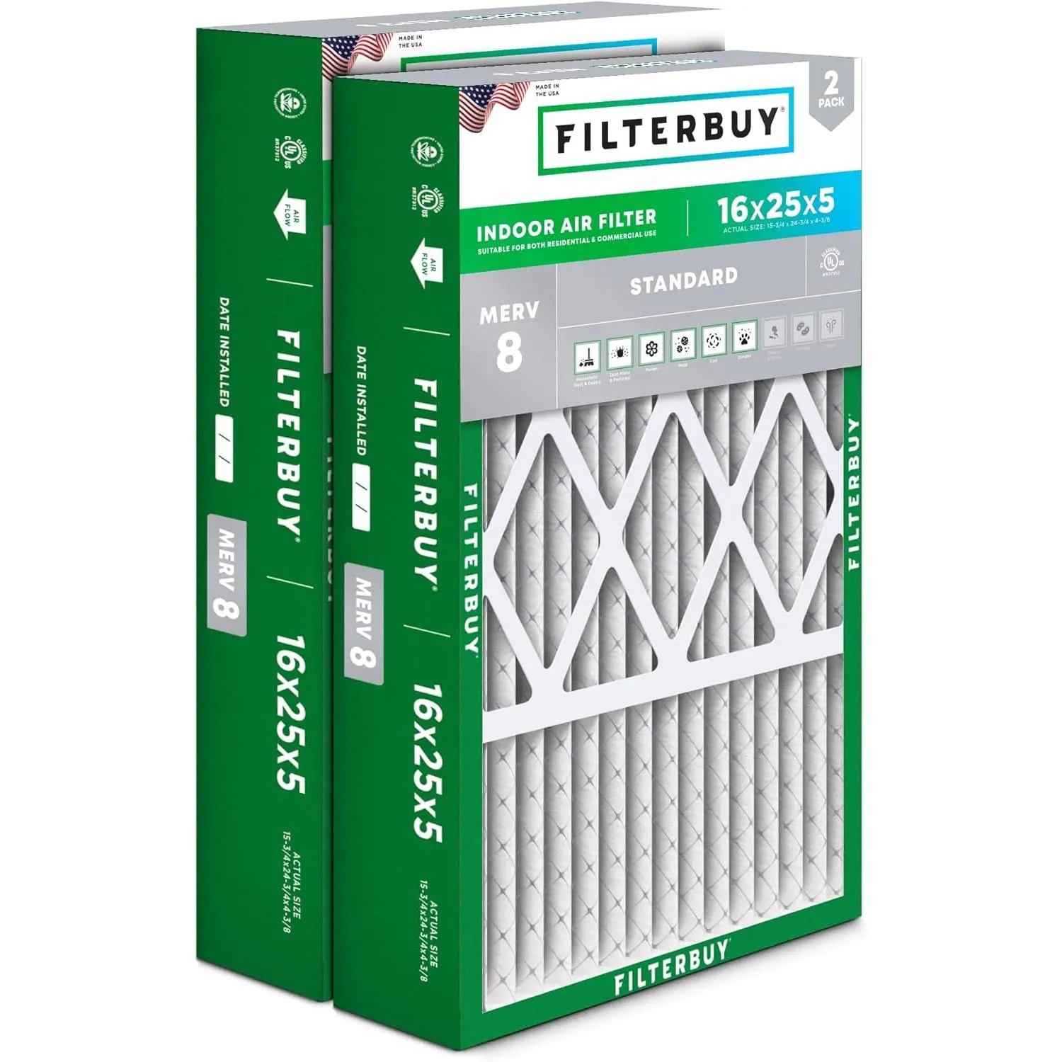Filterbuy New 16x25x5 Eco-Friendly Air Filter (2-Pack Value), Electrostatically Charged Pleated MERV 8 Dust Defense HVAC AC Furnace Filters Made of Recyclable Materials for Honeywell, Lennox X6670, Carrier, Bryant & More