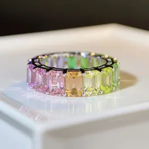 Rainbow Eternity Ring for Women, 925 Sterling Silver Emerald-Cut CZ Full Circle Band, Gradient Pastel Stackable Ring,, Hypoallergenic Gift for Her.
