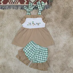 Checkered straps duck embroidery tunic ruffle shorts girls summer outfits