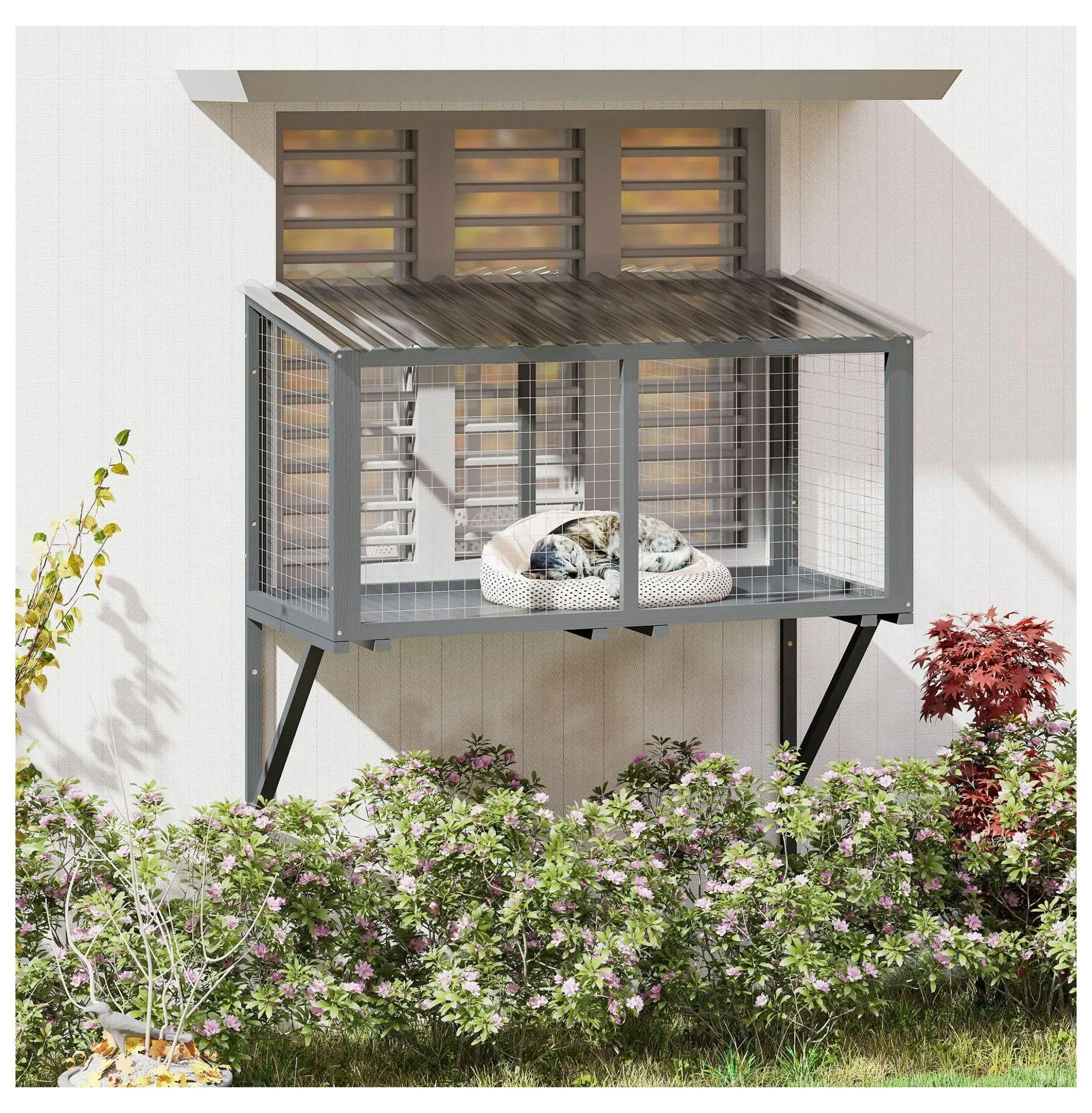 Premium Pinewood Cat Window Catio - Secure Wall Mounting Outdoor Enclosure, Weatherproof Perch House, Sloped PVC Corrugated Roof Window Box, Dark Gray (As Shown)