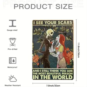 Nightmare Before Christmas Jack Skellington Metal Tin Sign Wall Art with "I See Your Scars" Quote, Indoor Home Decor, Weather Resistant, Pre-Drilled for Easy Hanging, Ideal Gift for Halloween, Christmas, Thanksgiving