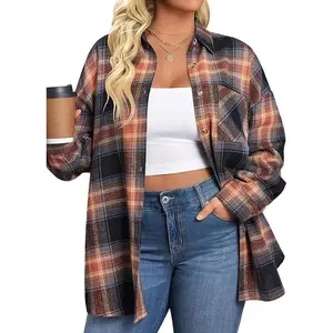 YWJ  Womens Plus Size Flannel Plaid Shirts Roll Up Long Sleeve Casual Collared Button Down Shirt Loose Blouse Top