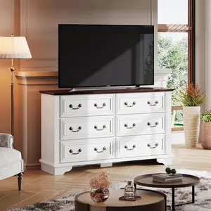 WLIVE Farmhouse Dresser for Bedroom 51.97'' Wide Wood Dresser with 6 Drawer Chest of Drawers Roman Metal Handle TV Stand for 60 inch TV Living Room Hallway