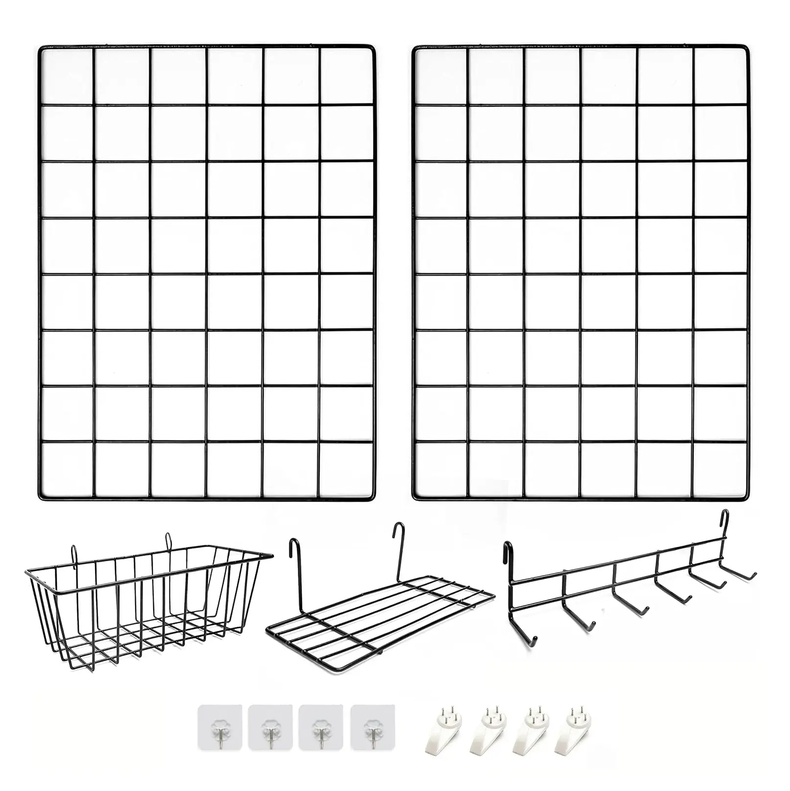 Black & White Metal Decorative Hangable Gridwall Shelf Organizer - Kitchen Multi-Use Storage System Rack Set with Hanging Basket, Hook Rack for Tableware Storage, Home Decor