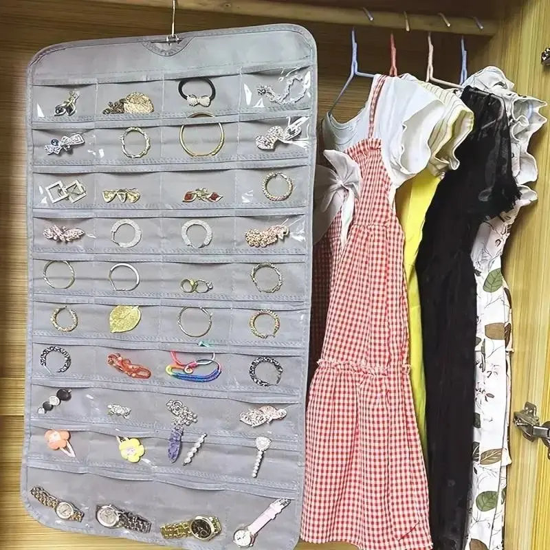 Large Capacity Jewelry Storage Bag, Dual-Sided 80 Grid Organizer, Compartmentalized Organizers, Divided Compartments, Hanging Multi-Grid Display Pouch, Dustproof for Earrings Watches Necklaces Rings