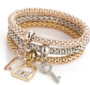 3 Pcs Stackable Bracelet Set With Lock & Key Shape Pendant Stretch Bracelet For Women Jewelry