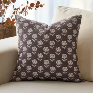 DOMVITUS Floral Pillow Covers 18x18 Throw Pillow Covers Decorative Farmhouse Block Floral Print Vintage Pillow Cover for Living Room Couch Bed, Dark Brown, 1PC