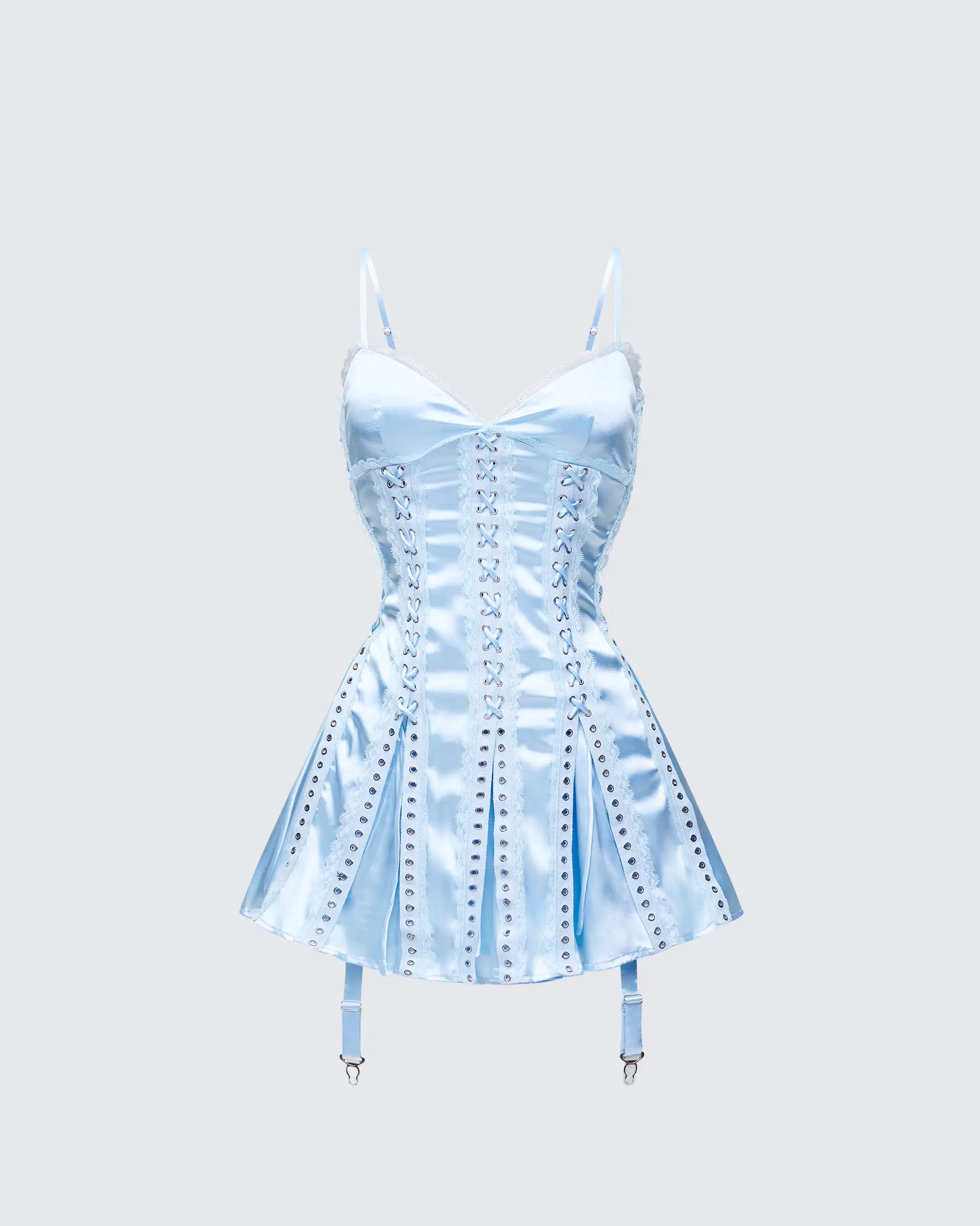 Women's Body Fitted Effie Blue Satin Corset Casual Mini Dress - Spaghetti-Strap, Sweetheart Neckline, Lace-Up Adjustable, Grommet Lace, Spandex Skirt, Flared, Garter-Hem Style, Dangling Clips, Sleeveless