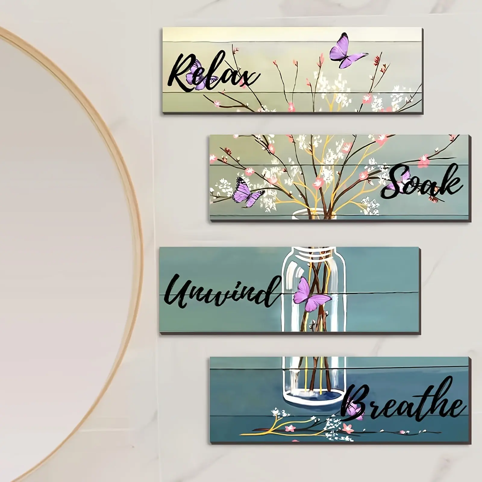 Butterfly Wooden Aesthetic Wall Decor Set, Relaxing Bathroom Sign, Hanging Shell Starfish Wood Craft, Decoration Items, Suitable for Living Room, Laundry Room, Spa Center, Bathroom, Bedroom Decor