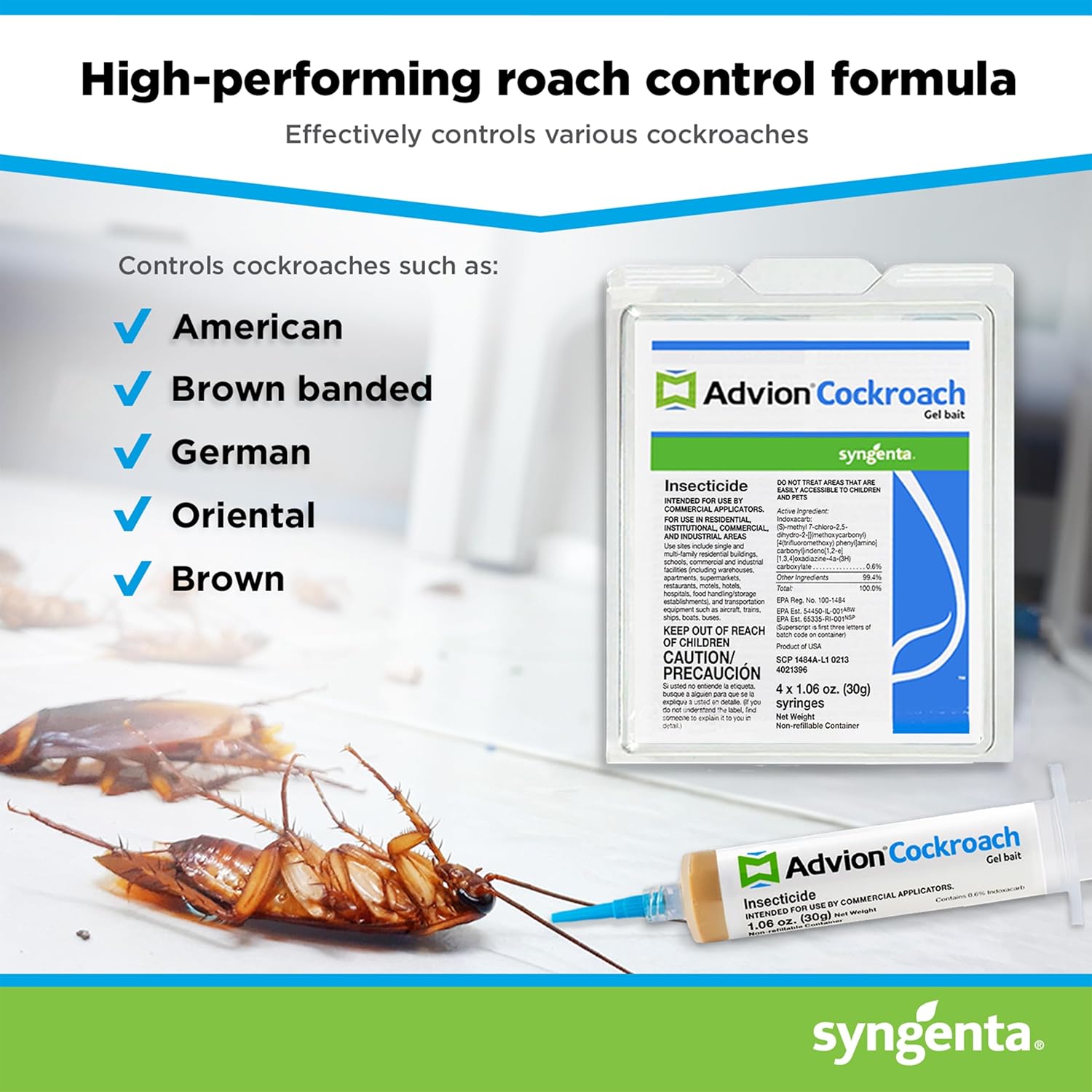 Advion Cockroach Gel Bait, 4 Tubes x 30-Grams, 1 Plunger and 2 Tips, German Roach Insect Pest Control, Indoor and Outdoor Use, Roach Killer Gel for American, German and Other Major Cockroach Species