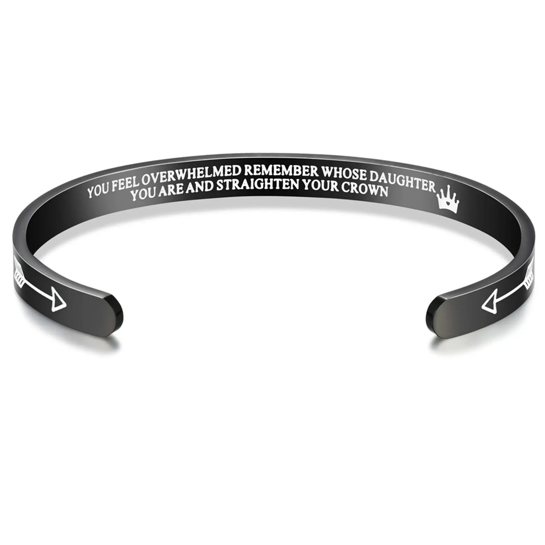 OIDEA Inspirational Engraved Cuff Bracelet for Women — "Remember Whose Daughter You Are and Straighten Your Crown" 316 Stainless Steel Open Bangle, Black Silver