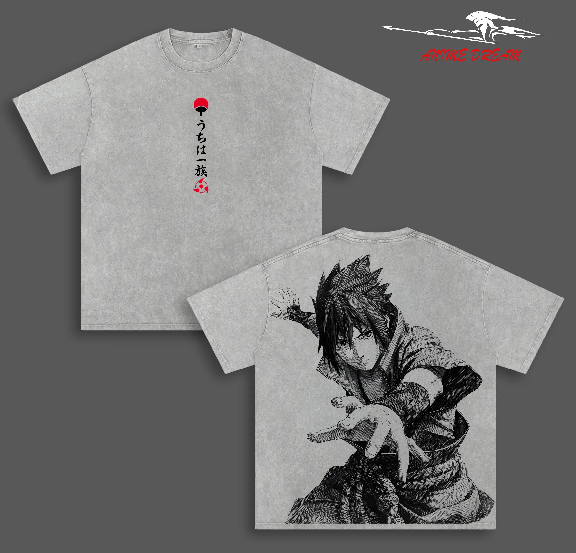 Sasuke Uchiha Naruto Anime Double Printed Vintage Washed Tee Unisex Oversize Anime Manga Washed Heavyweight Cotton T-shirt