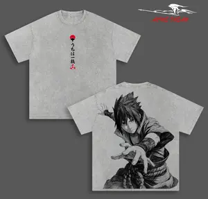 Sasuke Uchiha Naruto Anime Double Printed Vintage Washed Tee Unisex Oversize Anime Manga Washed Heavyweight Cotton T-shirt