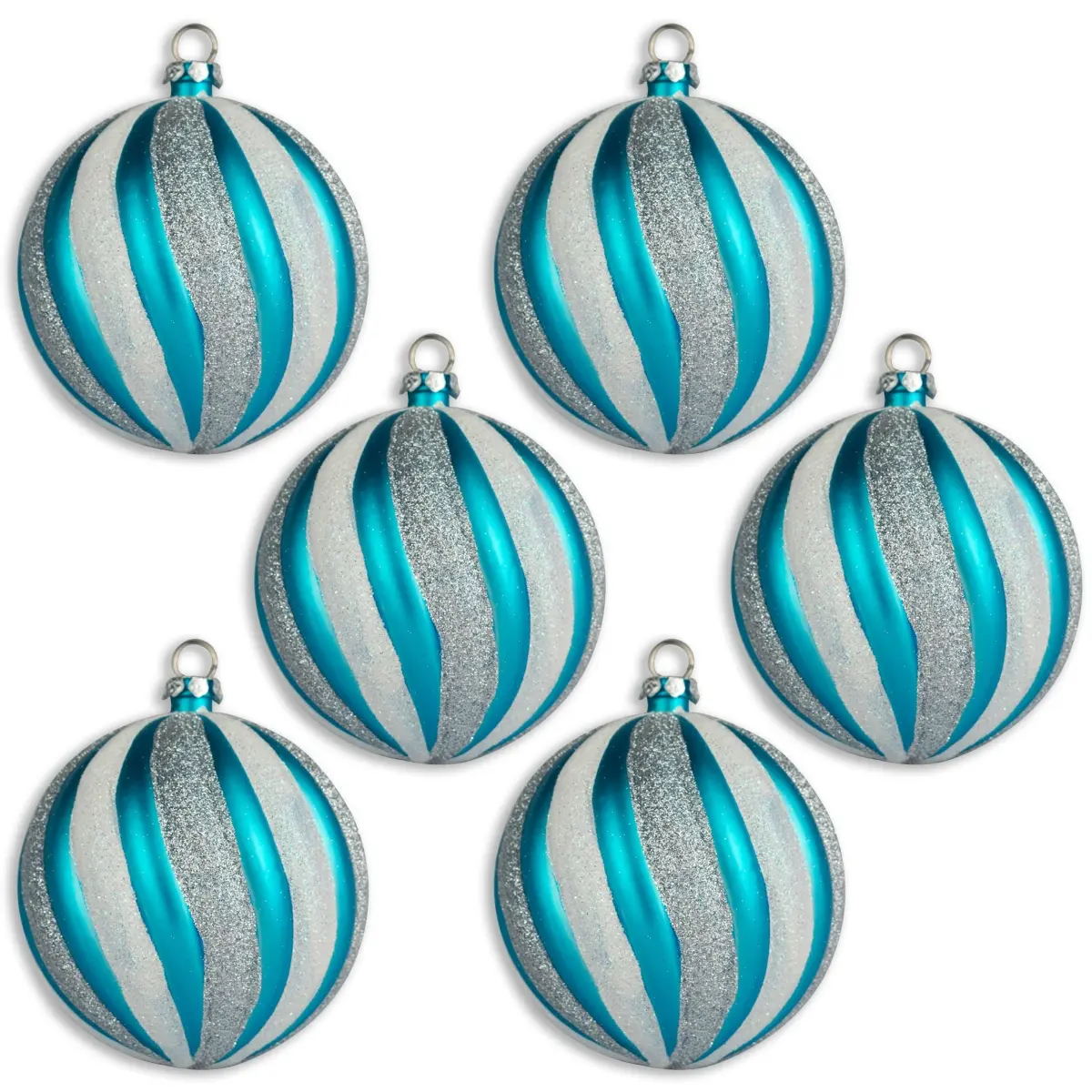 212 MAIN Shiny Aqua & Silver Swirl Ball Ornaments, 70mm (2.75in) 6 Hanging Ornaments - Christmas Tree Decor for Festive Home Holiday Use, Swirl Ball Ornament